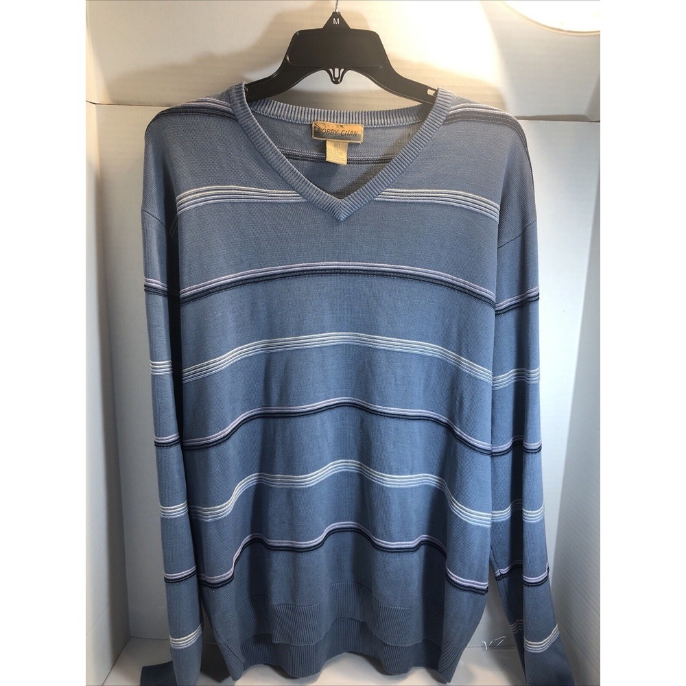 Bobby Chan Silk Cotton Mens Sweater X Long Sleeve Large V Neck Retro Blue White